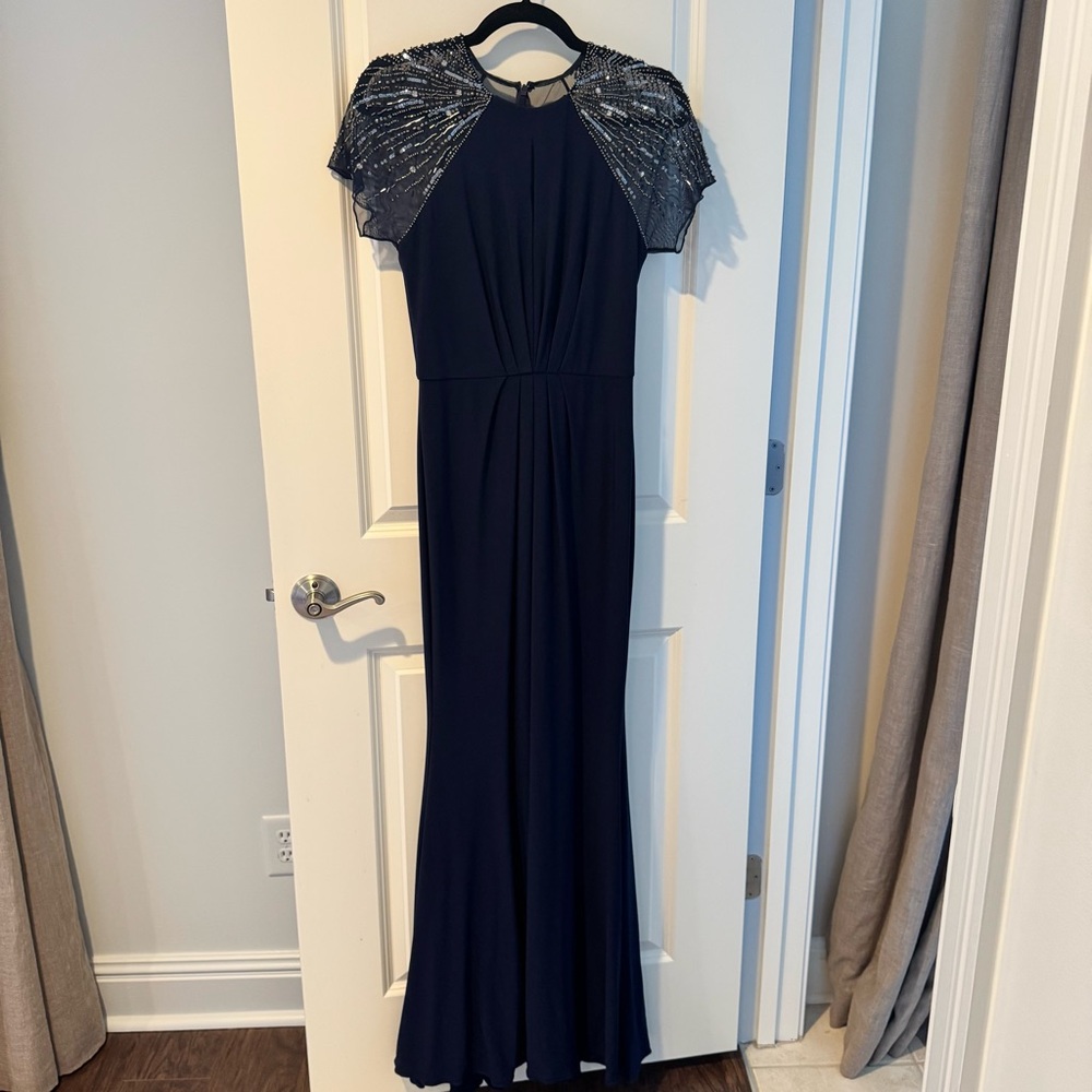JS Boutique Navy Blue Jewel beaded cap sleeve gown | size 4 - Picture 2 of 9